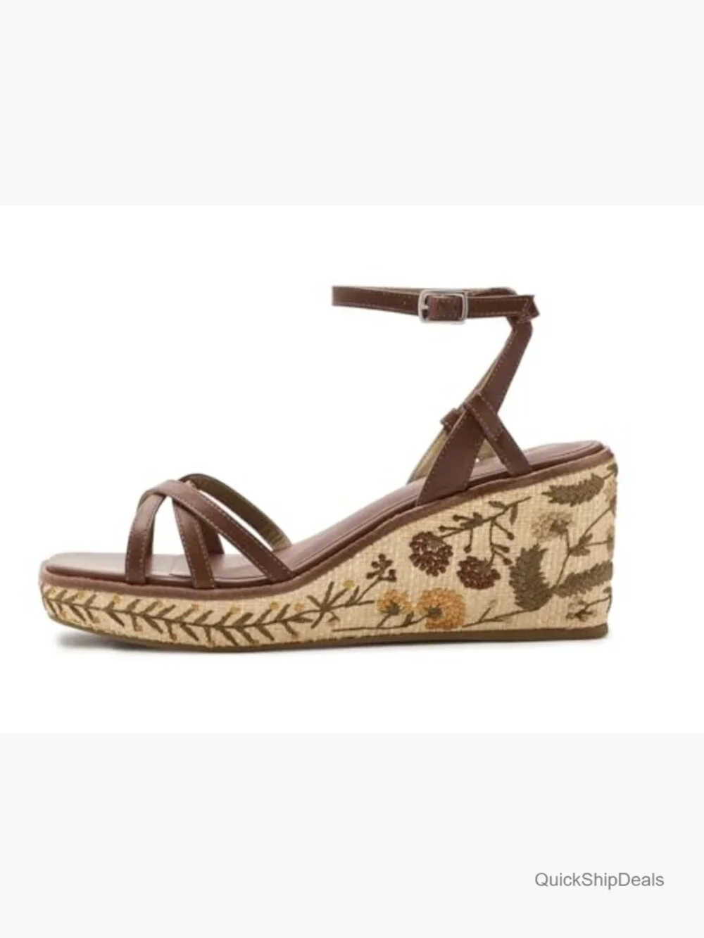 Hand-Embroidered Raffia Wedge Sandals with Leather Straps